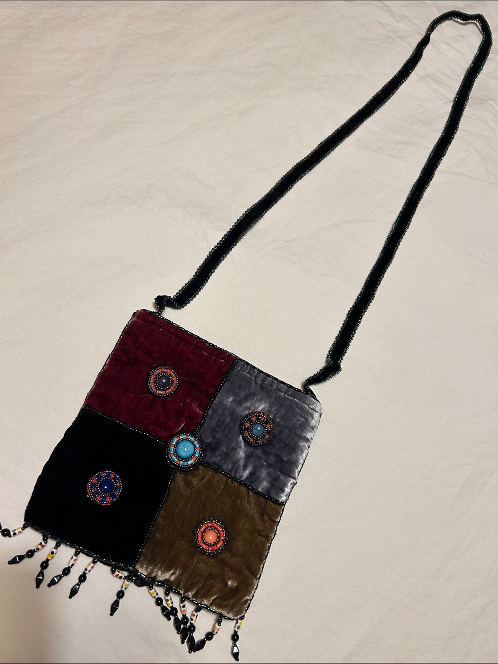 Artisan Patchwork Beaded Crossbody Bag in Burgundy, Black, Gray & Brown